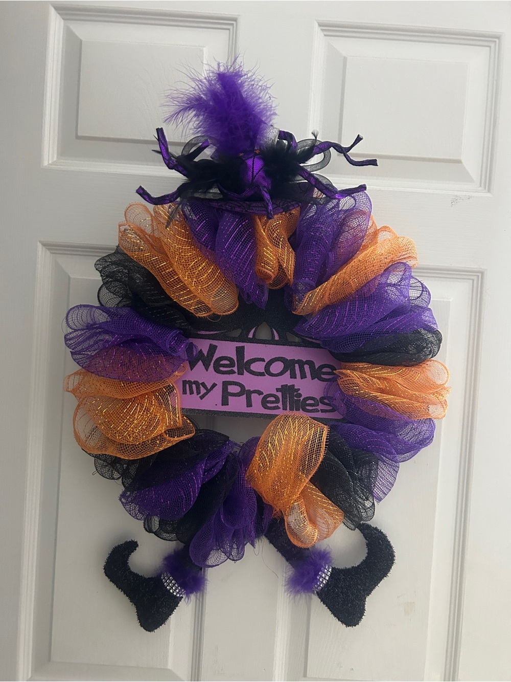 Halloween Door Wreath in Purple & Orange with 'Welcome My Pretties' Sign